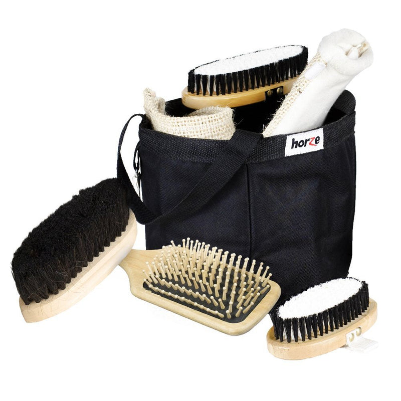 HORZE 7-Piece Set Wooden Horse Grooming Kit with Nylon Grooming Tote Bag - Black - One Size - BeesActive Australia