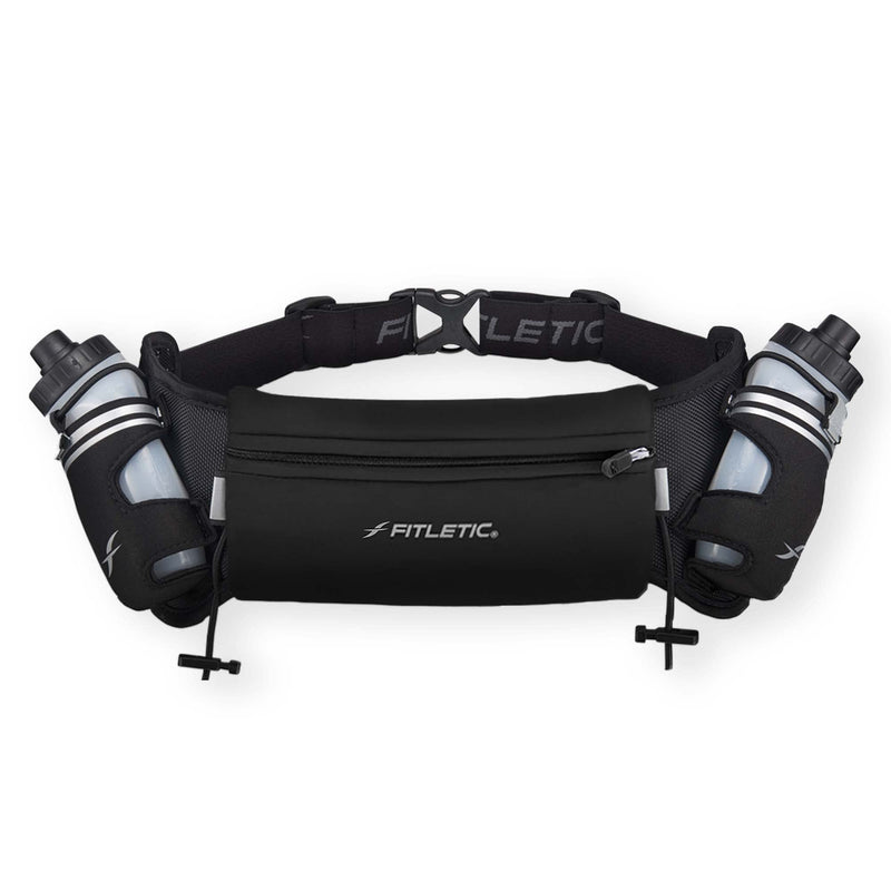 Fitletic Hydration Running Belt with Water Bottles for Men & Women – 2 Quick Flow 8oz Running Water Bottles, Patented Bounce Free Design, Water Resistant Pouch Fits All Phones – Hydra 16 L/XL (35"-42") Black - BeesActive Australia