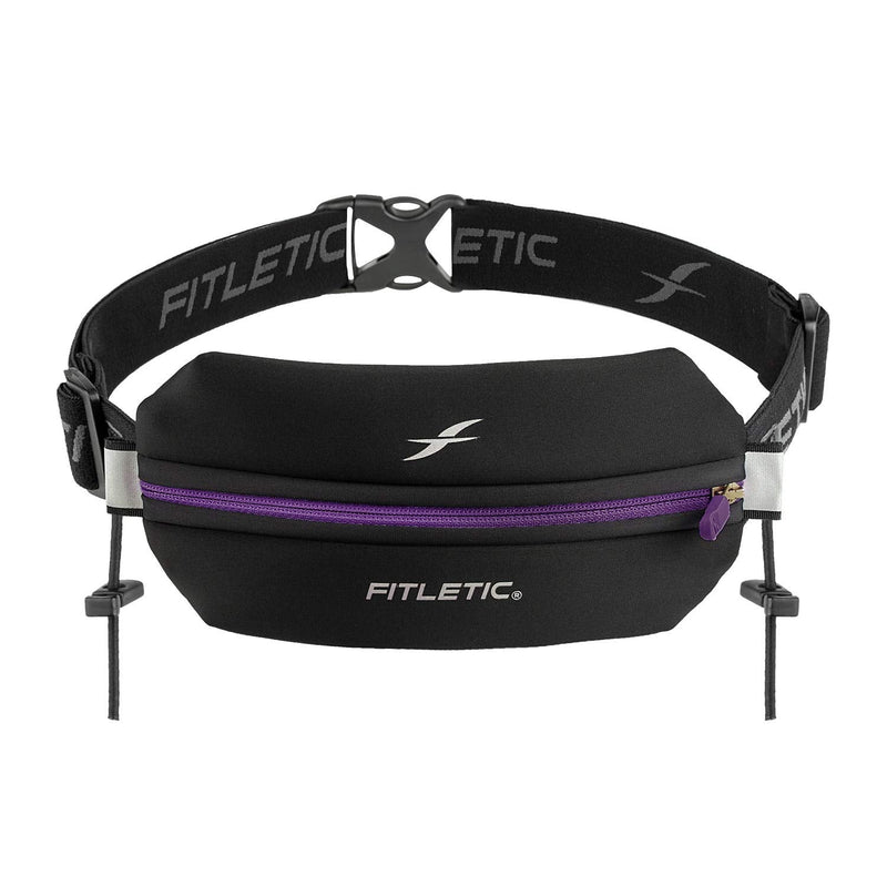 Fitletic Neo Race Belt, Black & Purple | Unique No Bounce Design for Marathon, Triathlon, Trail, 5k, 10k | Running Belt | N01R-07