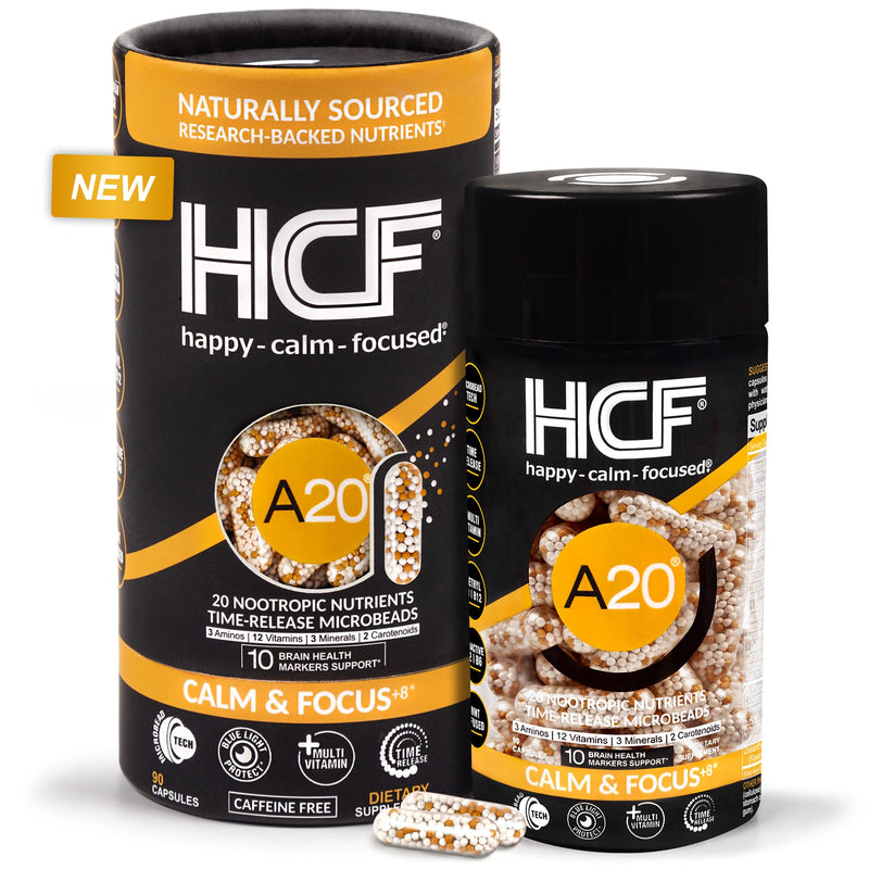 HCF A20 Microbead Brain Health Supplements for Adults for Memory, Focus, Calm, Mood, Alertness, Attention, Vision, Sleep, Immune System, 20 Premium Nootropic Nutrients Multivitamin & 7 Advances® Tech 90 Count (Pack of 1)