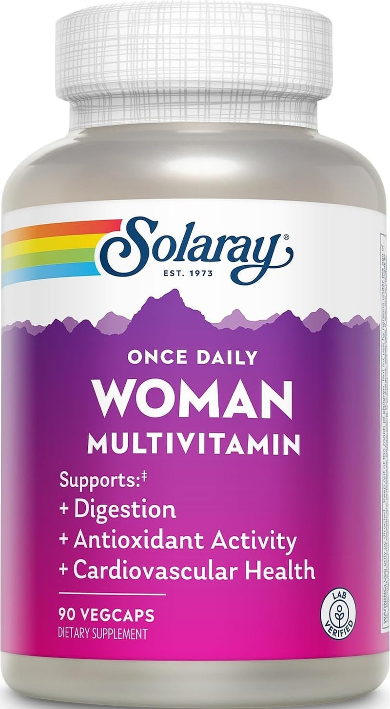 SOLARAY Once Daily Woman Multivitamin with Iron, 90 VegCaps | Women's Energy, Red Blood Cell & Immune Support - Hair, Skin, Nails & Digestive Enzymes - 90 Servings - Lab Verified Unflavored 90 Count (Pack of 1)