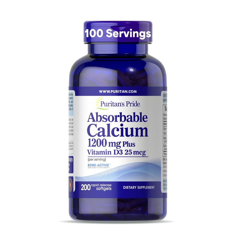 Puritan's Pride Absorbable Calcium 1200 mg Plus Vitamin D3 25mcg 1000 IU with Bone-Active‚Ñ¢, 200 Rapid Release Softgels 200 Count (Pack of 1) - BeesActive Australia