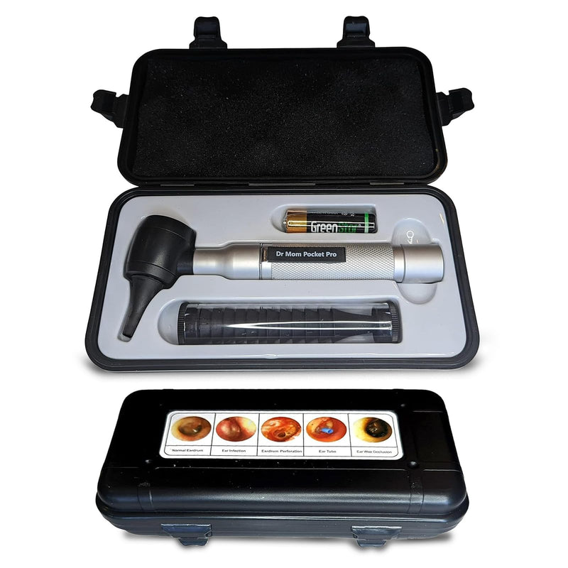 4th Generation Doctor Mom LED Pocket Pro Otoscope with Both Adult and Pediatric Disposable Specula Tips, Battery, and Protective Hard Plastic Case Silver - BeesActive Australia