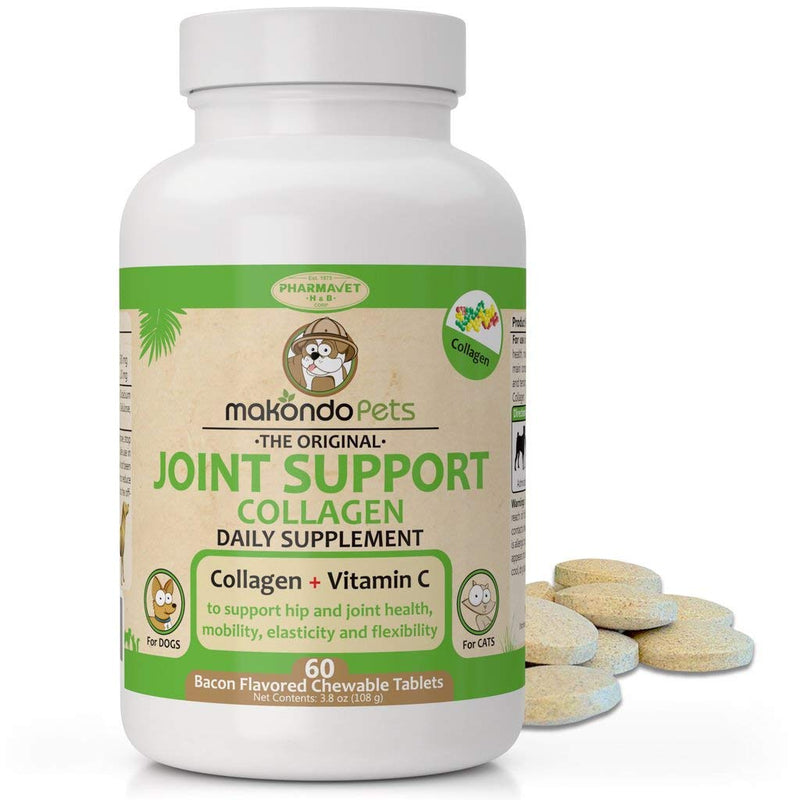 Collagen for Dogs & Cats - Collagen Supplements for Joint Health - Vitamin C Supplement for Joint Mobility - Joint Support Supplement for Dog & Cats - Bacon Flavored Tablets (60 Count) 60 Count (Pack of 1) - PawsPlanet Australia