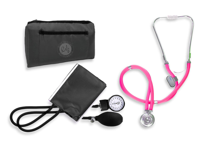 EMI Pink Sprague Rappaport Stethoscope with Black Aneroid Sphygmomanometer Blood Pressure Cuff Medical Nurse Set #340 Pink/Black