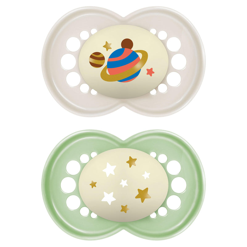 MAM Original Night Pacifiers, Binky Pacifier for 6-16 Months, BPA-Free Silicone, Glows in The Dark, Best for Newborn Babies, Developed with Medical Experts, 2 Count Binkies, with Sterilizer Case 2 Count (Pack of 1) Cotton / Shell - BeesActive Australia