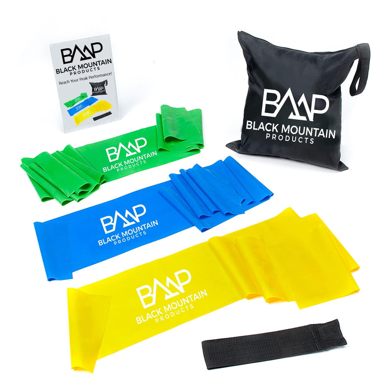 Black Mountain Products Therapy Exercise Bands with Resistance Band Carrying Case, Door Anchor and Starter Guide, Yellow, Blue, Green - BeesActive Australia