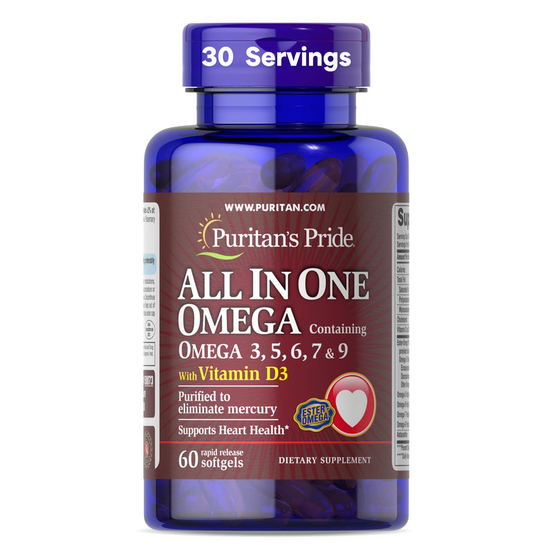 Puritan's Pride All in One with Omega 3, 5, 6, 7, 9 and Vitamin D3 | Alaskan Salmon Oil, Dietary Supplement for Cardiovascular, Heart, and Circulation Support, 1 Month Supply, 60 Softgels 60 Count (Pack of 1)