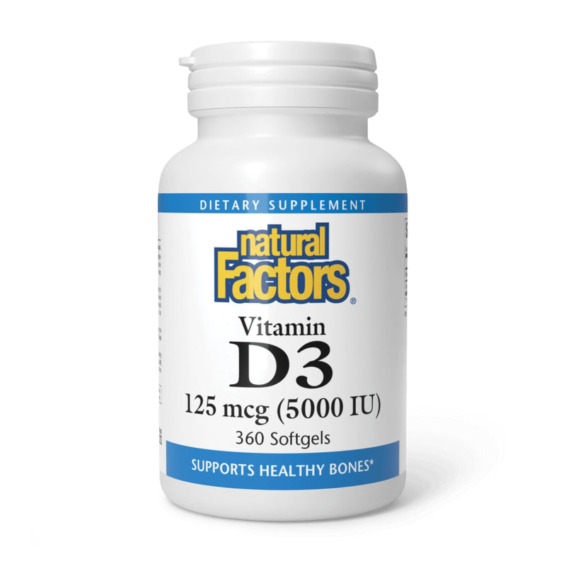 Natural Factors, Vitamin D3 5000 IU (125 mcg), Supports Strong Bones, Muscles and Immune Function, 360 Softgels 360 Count (Pack of 1)