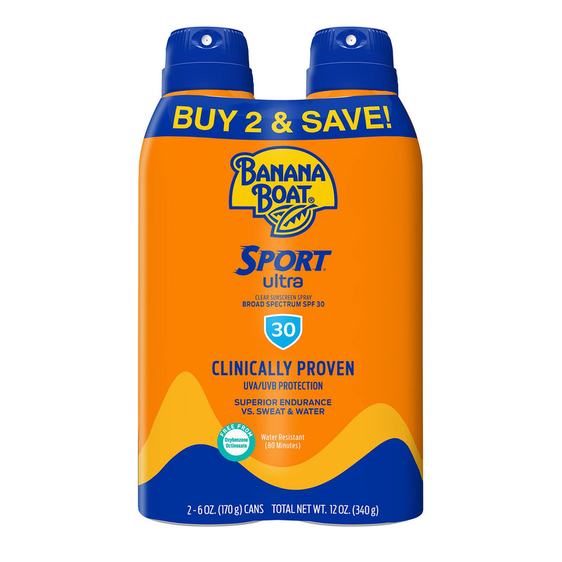 Banana Boat Sport Ultra SPF 30 Sunscreen Spray Twin Pack | Banana Boat Sunscreen Spray SPF 30, Spray On Sunscreen, Water Resistant Sunscreen, Oxybenzone Free Sunscreen Pack, 6oz each 6 Ounce (Pack of 2) - BeesActive Australia