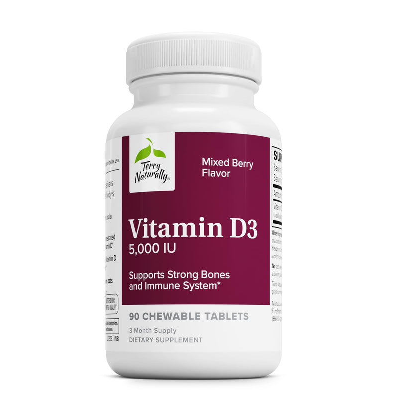 Terry Naturally Vitamin D3 5000 IU Mixed Berry - Bone & Immune - 90 Count | Vitamin D. Bone Health and Immune Support Supplement. 90 tablets.