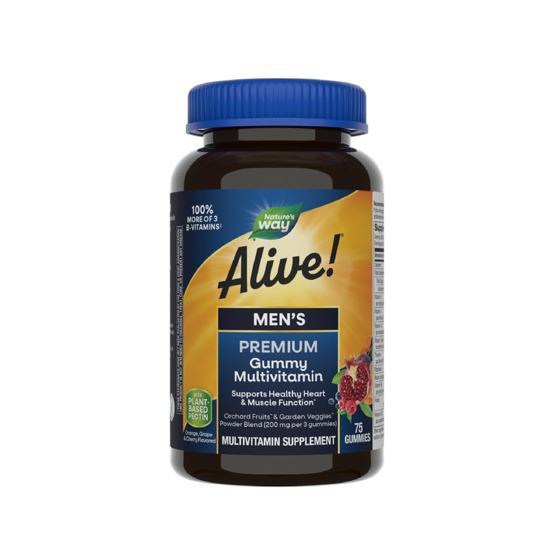 Nature's Way Alive! Men's Premium Gummy Multivitamin Supplement, 75 ct | Supports Healthy Heart*, Muscle Function*, Full B-Vitamin Complex, Orange, Grape, Cherry Flavored, Gluten-Free, Gelatin-Free