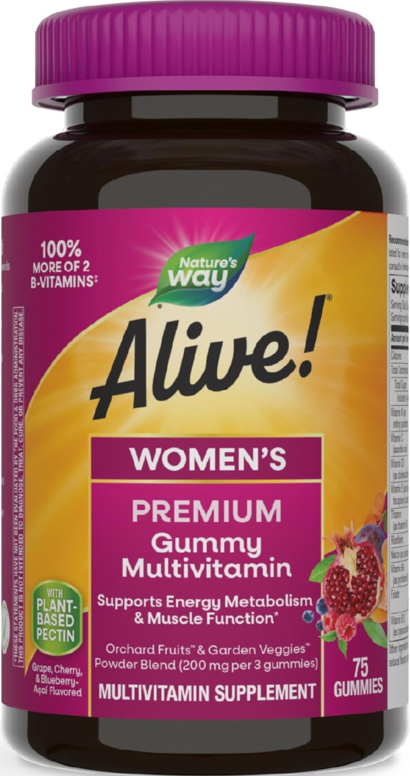 Nature's Way Alive! Premium Women's Gummy Multivitamin Supplement, 75 ct | Supports Cellular Energy Metabolism*, Muscle Function*, B-Vitamins, Grape, Cherry, & Blueberry-Acai Flavored, Gluten-Free