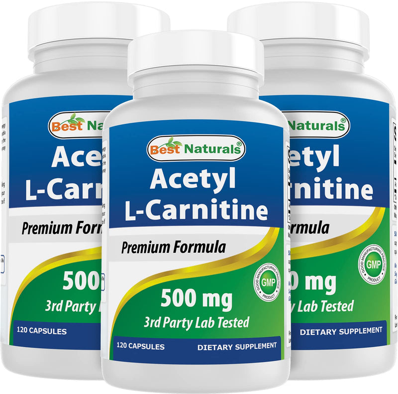 Best Naturals Acetyl L-Carnitine (ALCAR) 500mg, 120 Capsules, 120 Servings - Non-GMO and Gluten Free, 1 Capsule per Serving (3 Pack) 120 Count (Pack of 3)