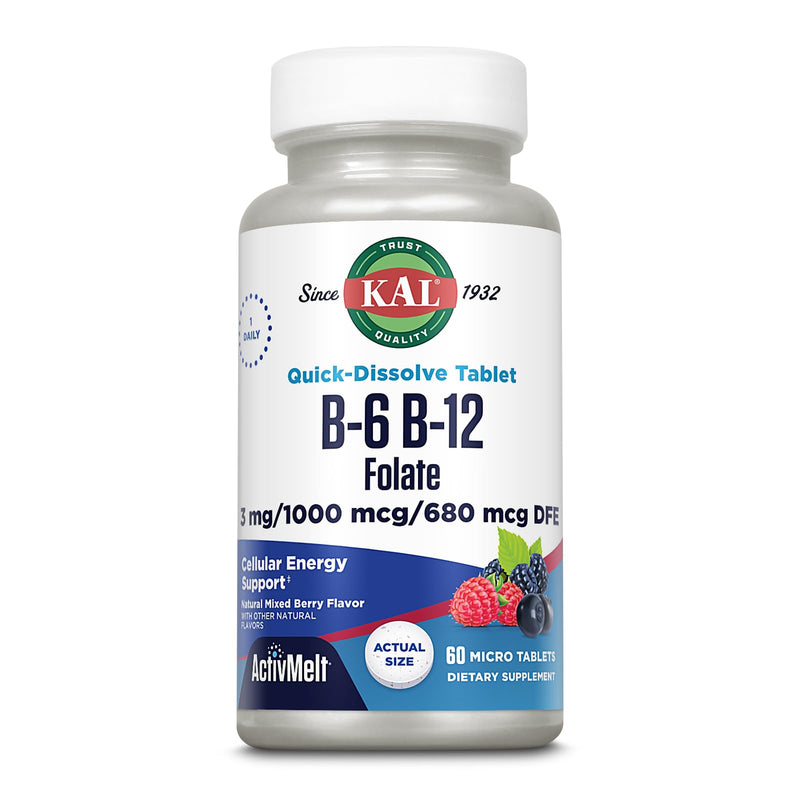 KAL Vitamin B-6, B-12 & Folic Acid Supplement, Heart Health, Energy & Red Blood Cell Support*, with Vitamin B12 Methylcobalamin & Folate, Natural Berry Flavor, 60 Servings, 60 ActivMelt Micro Tablets | Cellular Energy, Nerve & Red Blood Cell Support - ...
