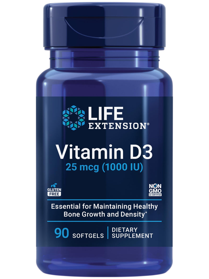 Life Extension Vitamin D3 25 mcg (1000 IU), Immune System Support, Bone Health, Whole-Body Health, Value Size, Gluten-Free, Non-GMO, 90 softgels | Supports Immune System, Bone Health & Whole-Body Health, Gluten-Free & Non-GMO 90 Count (Pack of 1) 1000 IU