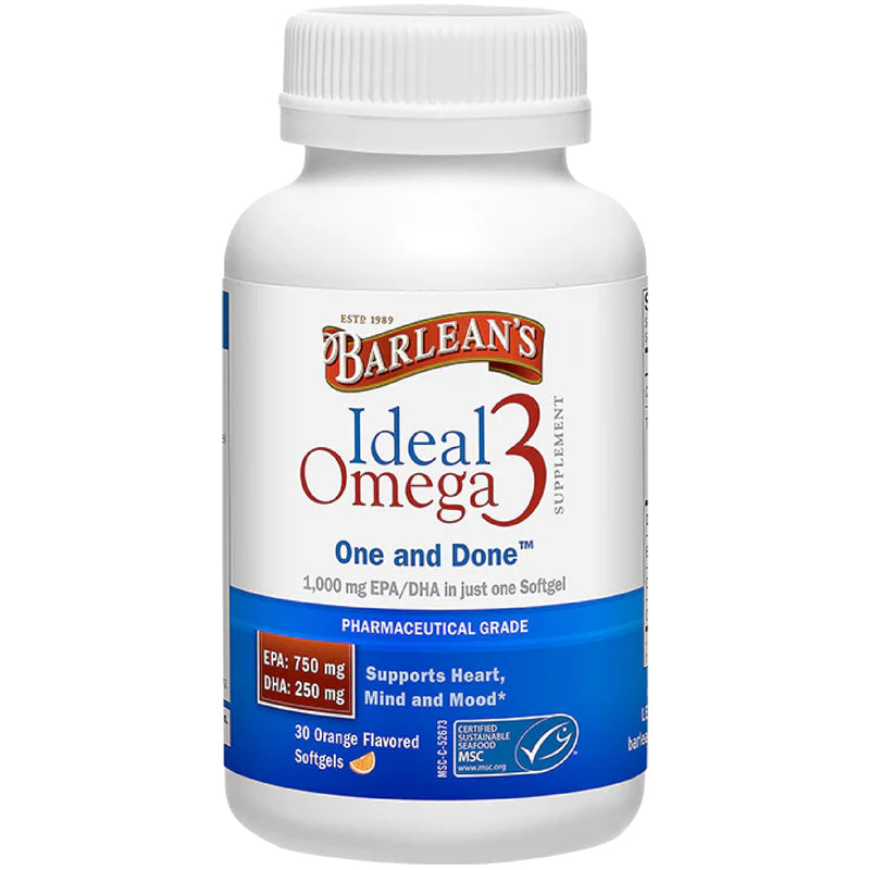 Barlean's Ideal Omega 3 Nutritional Supplement Softgels with 1,000mg EPA/DHA for Heart, Mind, and Mood - Certified Sustainable Seafood, Pharmaceutical Grade - 30-Count | Wild-caught fish oil, EPA DHA omega-3, 1 softgel daily, Burpless, Non-GMO, Gluten-...