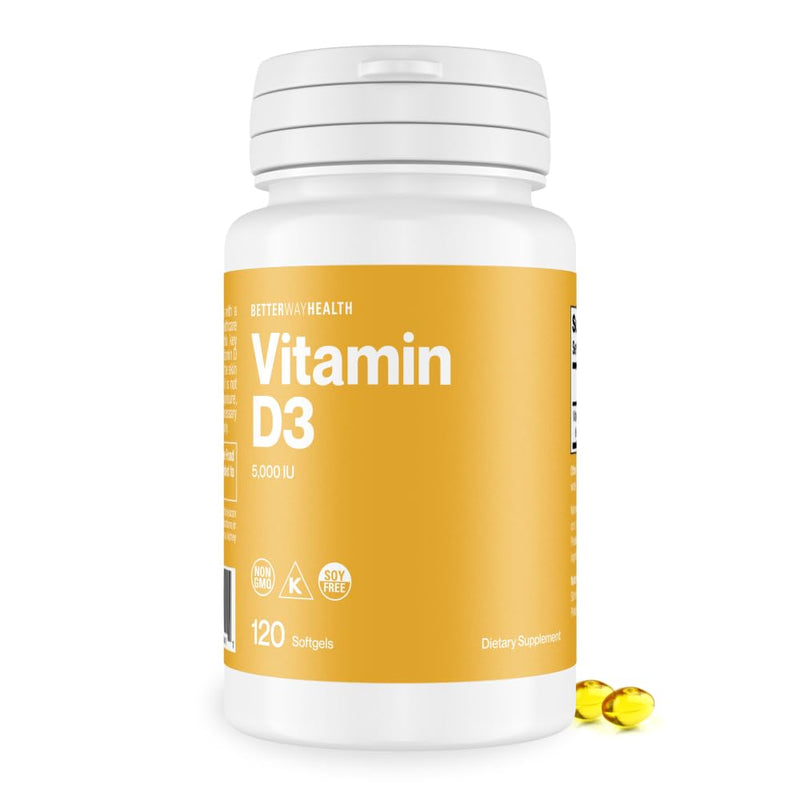 Better Way Health Vitamin D3 5000 IU – High Potency Softgel Vitamin D Supplement for Immune & Bone Health – Non-GMO, Dairy-Free, 120 Softgels