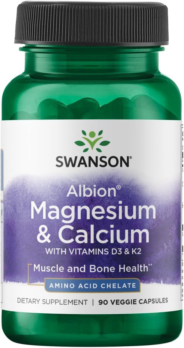 Swanson Albion Chelated Magnesium & Calcium 2:1 90 Veg Capsules | Patented Albion Chelated Form for Optimal Utilization; Includes Vitamins D3 and K2; Vegan, Vegetarian, Non-GMO 90 Count (Pack of 1)