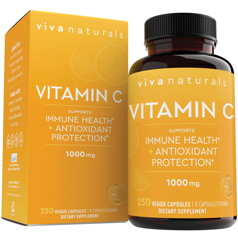 Viva Naturals Vitamin C, 1000 mg, 250 Vegetarian Capsules – with Citrus Bioflavonoids & Rose HIPS, Non-GMO for Immune Support & Antioxidant Protection 250 Count (Pack of 1)