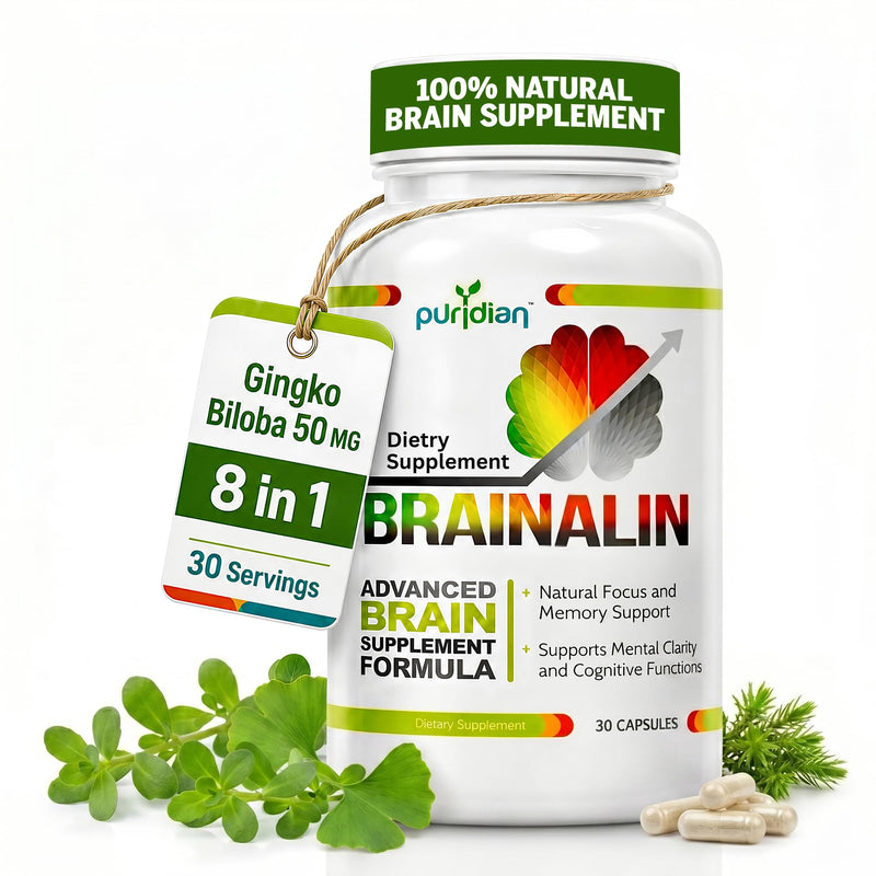 Puridian Brain Supplements for Memory and Focus, Ginkgo biloba Supplements | Focus, Clarity & Cognitive Health, 8 in 1, Alpha GPC Nootropics Supplement, Memory and Focus | Non-GMO, Caffeine-Free
