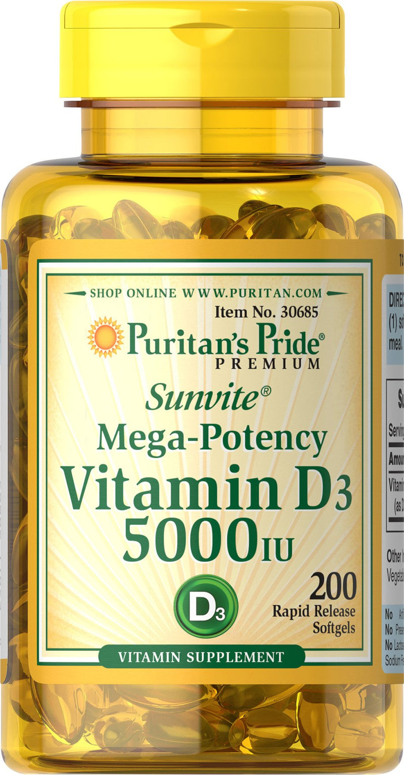 Puritan's Pride Vitamin D3 5,000 IU Bolsters Immunity for Immune System Support and Healthy Bones and Teeth Softgels, Packaging May Vary, Unflavored, 200 Count 200 Count (Pack of 1) - BeesActive Australia