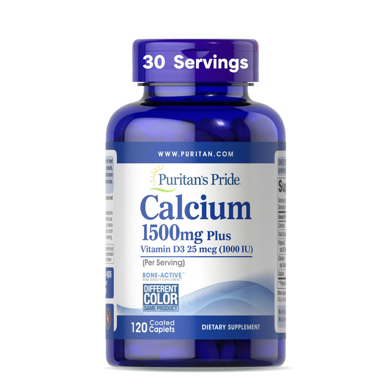 Puritan's Pride Absorbable Calcium 1500mg Plus Vitamin D3 25mcg 1000 IU | Dietary Supplement For Bone Strength, Heart, Nerve, Muscle, And Immune Support, 120 Coated Caplets Unflavored 120 Count (Pack of 1)
