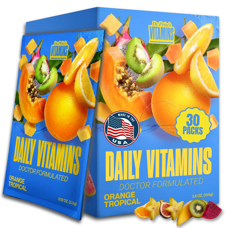 Dr. Price's Vitamins Multivitamin Powder, Vitamin C, Orange Tropical, 30pk | Daily Supplement Drink Mix, Vitamin D3, B12 & B Complex, Minerals, Sugar Free, Made in USA, Doctor-Formulated