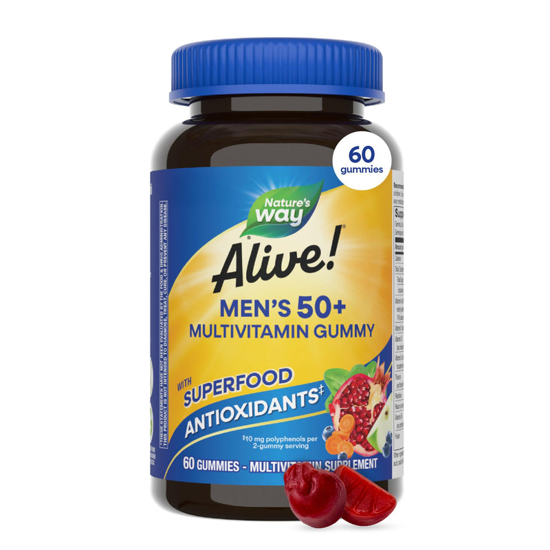 Nature's Way Alive! Men’s 50 Plus Multivitamin Gummy, Fruit-Flavored, 60 ct | Daily Chewable Multivitamins for Men with B-Vitamins, Vitamin D3 & Zinc, Supports Heart, Eye & Energy Metabolism,* 60 Count (Pack of 1)