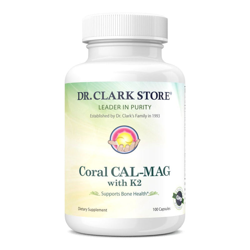 Dr. Clark Store Coral Cal-Mag K2 993mg, Calcium & Magnesium Supplement for Women and Men, 100 Gelatin Capsules, 33 Servings, Supports Bone Health & pH Balance, 72 Trace Minerals & Vitamin K2