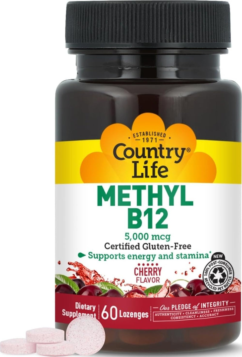 Country Life Methyl B12 5000mcg Lozenges, Vegan Energy Supplement 60 Count | Cherry lozenge for daily energy and stamina support. Certified vegan, gluten-free, kosher, and non-GMO verified 60 Count (Pack of 1)