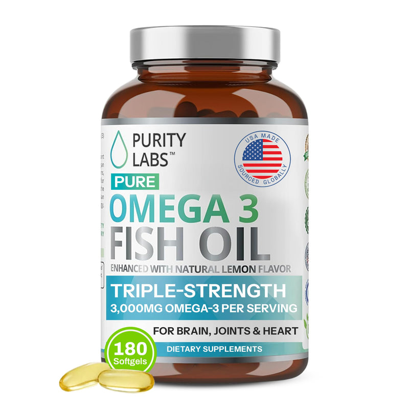 Purity Labs Omega 3 Fish Oil 3000mg – DHA & EPA Omega 3 Fatty Acid Supplements to Support Heart and Brain Health - Immune Support Supplement - 180 Softgels (60 Servings) 1