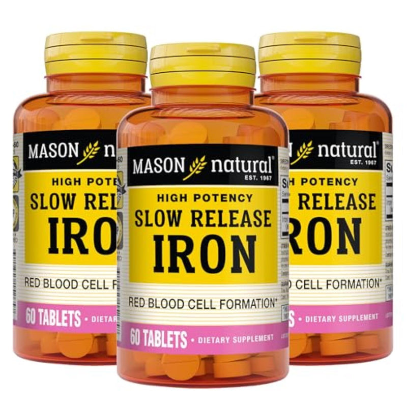 Mason Natural Slow,Release Iron (Ferrous Sulfate) 50 mg Tablets, 180 Day Supply, High Potency Supplement, Gentle on Stomach, 3 Pack Unflavored 60 Count (Pack of 3)