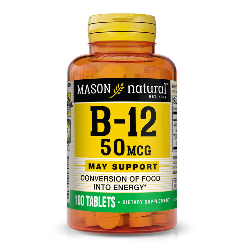 MASON NATURAL Vitamin B12 50 mcg with Calcium, 100 Day Supply | 50mcg B12 (cyanocobalamin) with 44mg calcium to support normal nerve function & natural energy levels; 100 tablets