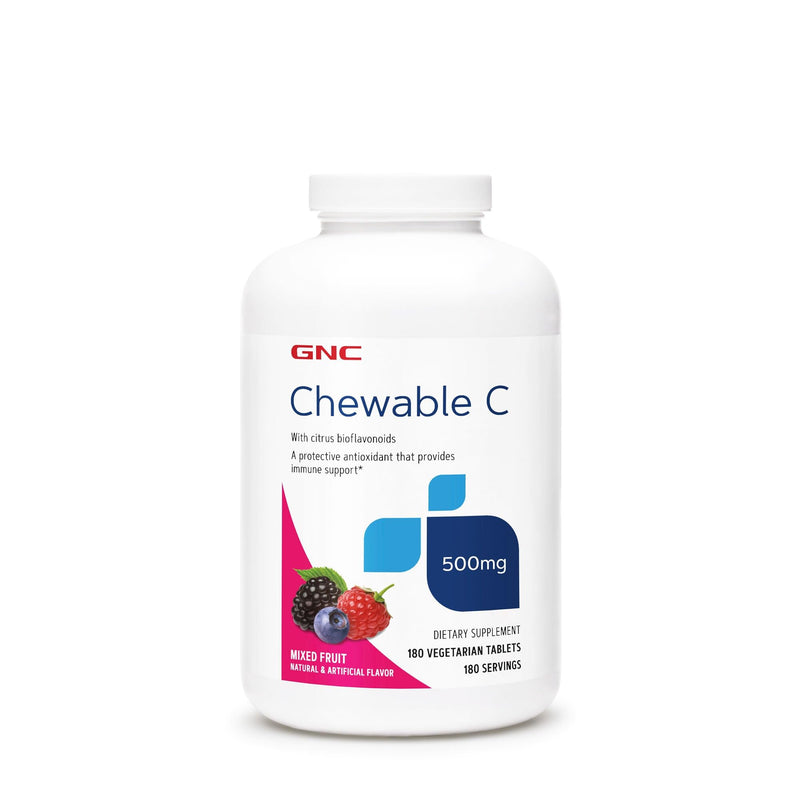 GNC Vitamin C 500mg, Mixed Fruit, 180 Chewables, 180 Servings | Protective Antioxidant for Immune Support, Essential for Healthy Bones, Teeth, Blood Vessels, and Collagen, Sodium Free