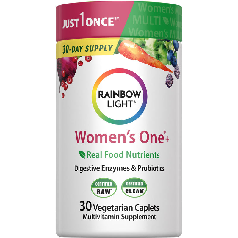 Rainbow Light Womens Multivitamin One + | 30 Caplets | Real Food Nutrients, Digestive Enzymes & Probiotics | Real Food Nutrients, Digestive Enzymes & Probiotics Women's One 30 Count (Pack of 1)