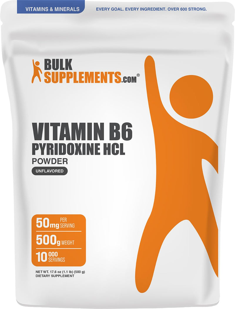BulkSupplements.com Pyridoxine HCl Powder - Vitamin B6 Supplement, Vitamin Supplement - Gluten Free, 50mg of Pyridoxine B6 per Serving, 500g (1.1 lbs) (Pack of 1) 17.64 Ounce (Pack of 1)