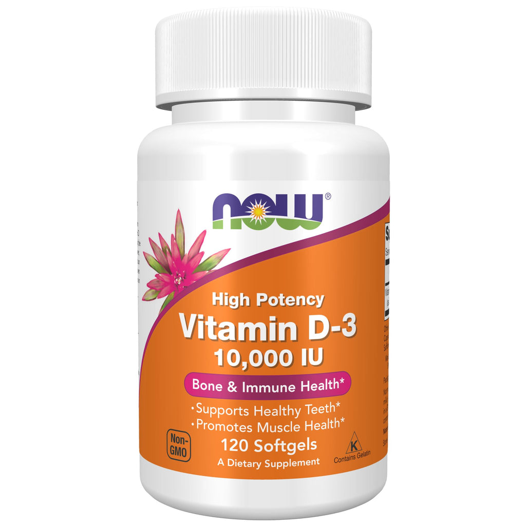 NOW Supplements, Vitamin D-3 10,000 IU, Highest Potency, Structural Support*, 120 Softgels 120 Count (Pack of 1)