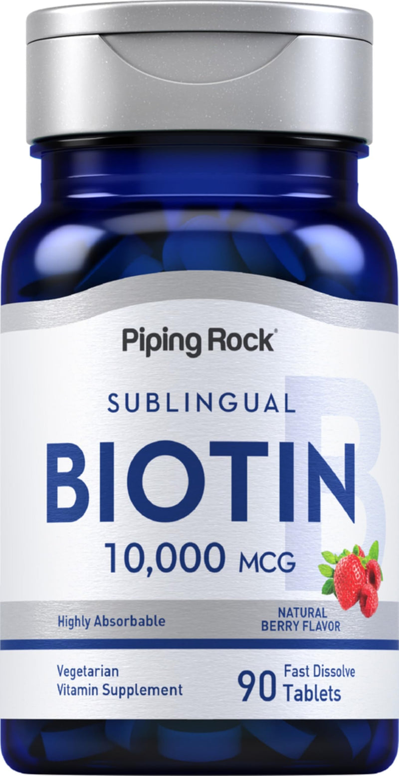 Piping Rock Biotin 10000mcg Fast Dissolve Tablets | 90 Count | Berry Flavor Sublingual Pills | Max Strength and High Absorption | Vegetarian, Non-GMO, Gluten Free Supplement 90 Count (Pack of 1)
