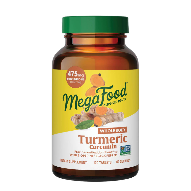 MegaFood Turmeric Curcumin Extra Strength - Whole Body - Turmeric Curcumin with Black Pepper- 475mg Curcuminoids - Holy Basil, Tart Cherry - Made without 9 Food Allergens - 120 Tabs (60 Servings) 120 Count (Pack of 1) - BeesActive Australia