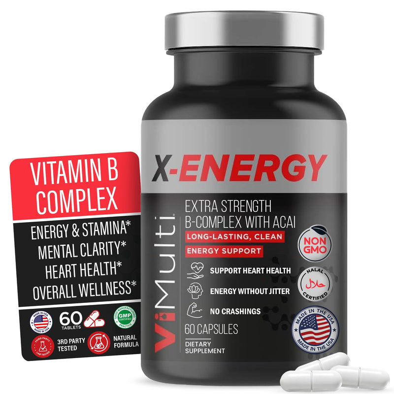 ViMulti X-Energy B Complex with Acai Dietary Supplement - 60 Capsules | For Your Energy Metabolism, Plant Based Formula, B-Complex Vitamins, Folate, Caffeine, Taurine, Magnesium, Ginseng, Rhodiola