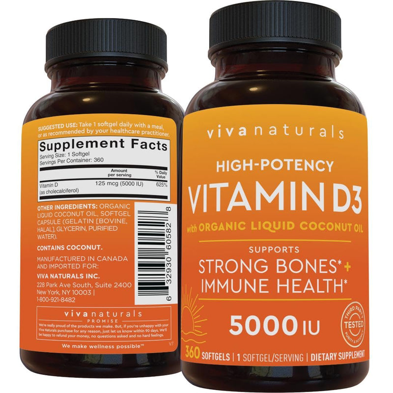 Viva Naturals D3 Vitamin 5000 IU Softgels (125 mcg), 360 Softgels - High Potency Vitamin D Supplements for Healthy Immune Function, Bones & Muscles - Made with Organic Liquid Coconut Oil - BeesActive Australia