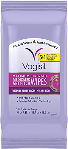 VAGISIL Anti-Itch Medicated Feminine Wipes, Max Strength, 20 Wipes (1 Pack) Anti-Itch Medicated Wipes 20 Count (Pack of 1)