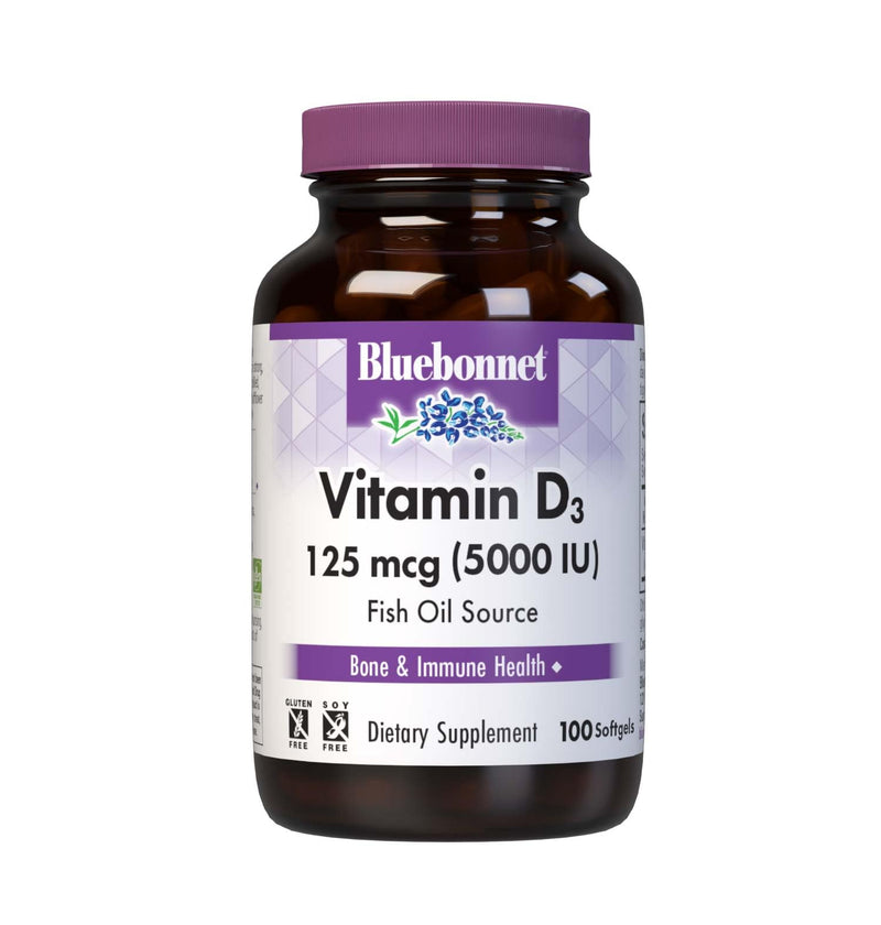 Bluebonnet Nutrition Vitamin D3 5000 IU Softgels, Aids in Muscle and Skeletal Growth, Cholecalciferol from Fish Oil, Non GMO, Gluten, Soy & Dairy Free, Yellow, 100 Count | Non-GMO, Gluten-Free, Soy-Free, Dairy-Free 100 Count (Pack of 1)