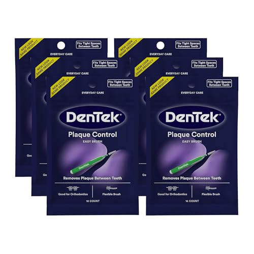 Dentek Interdental Brushes - Tight, 16 Count, 6 Pack - Easy-Brush Interdental Plaque Remover with Fluoride - Cleans Tight Spaces Around Teeth, Braces & Other Dental Appliances