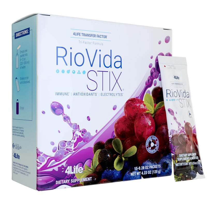4Life RioVida Stix Superfruit Immune Support Drink Mix, 15 Packets | Acai, Blueberry, Elderberry, Grape, Pomegranate, Electrolytes, Superfruit powder, Single Serve, Hydration sticks