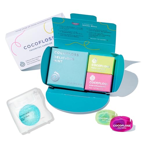 Cocofloss Woven Dental Floss, Favorites Sampler, Dentist-Designed Oral Care with Coconut Oil, Waxed, Vegan, Kid-Friendly, 1 Mint (33 yd), 2 Travel in Coconut, Strawberry (8 yd) 33 Foot (Pack of 3)