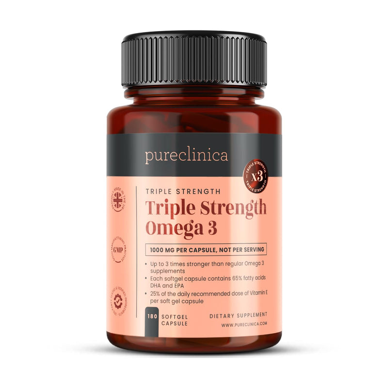 Triple Strength Omega 3 Fish Oil 1000mg, 180 Softgel Capsules (6 Months Supply), 430mg EPA & 220mg DHA per Capsule, Made in UK 180 Count (Pack of 1)