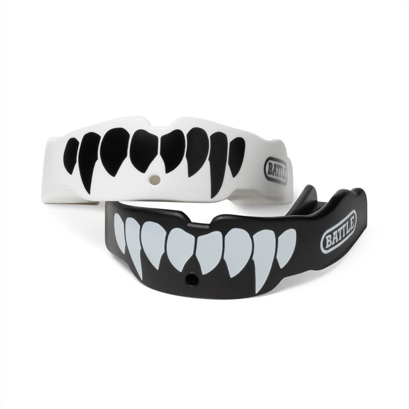 Battle Fangs Football Mouthguard – Sports Mouth Guard with Removable Strap – Protector Mouthpiece Fits with or Without Braces on Teeth – Adult & Youth Mouth Guard Sizes, 2 Pack Adult (Age 10 & Up) Black/White - BeesActive Australia