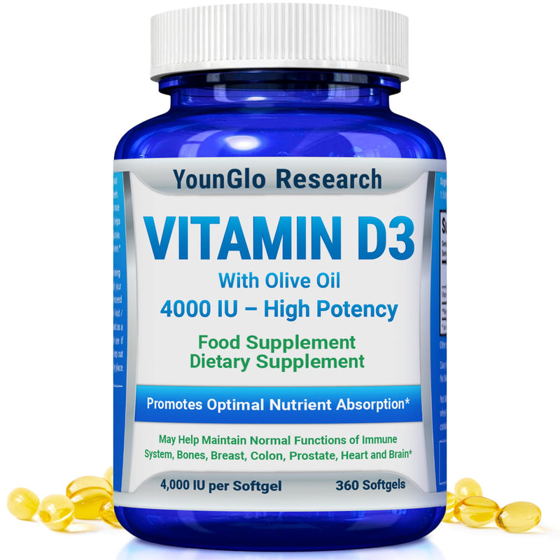 Vitamin D3 4000 IU Dietary Supplement - 360 Softgels - Bone & Immune Health | YounGlo Research GMP-certified, easy-to-swallow Vitamin D3 w/ olive oil promotes calcium absorption, bone strength & immunity